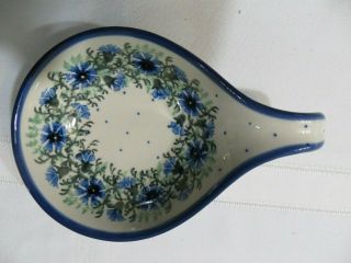 Boleslawiec Poland Pottery Spoon Rest Blue & Green Floral Pattern Signed J.  Palka