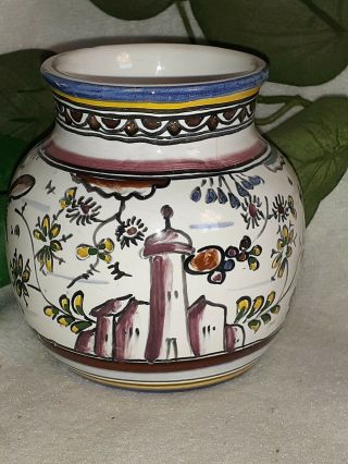 Portugal 3.  5 " Hand Painted Signed Pottery Ceramic Vase Bird/mouse/church?/tower?
