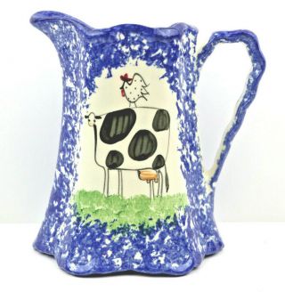 Blue Spatterware Cow And Chicken Pitcher By Molly Dallas 6.  5 " H