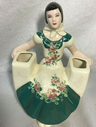 Vintage Weil Ware Double Vase Woman W/ Peasant Lady In Dress With Tiny Flowers