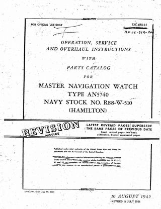 Operation,  Service,  Overhaul Instructions Master Navigation Watch Hamilton 4992b