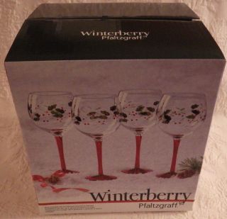 Winterberry Pfaltzgraff Set 4 Wine Goblets Etched & Hand Painted Nib $50