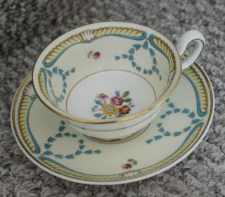 Wedgwood Teacup & Saucer Floral Center Yellow & Turquoise Ribbon