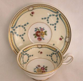 Wedgwood Teacup & Saucer Floral Center Yellow & Turquoise Ribbon 2