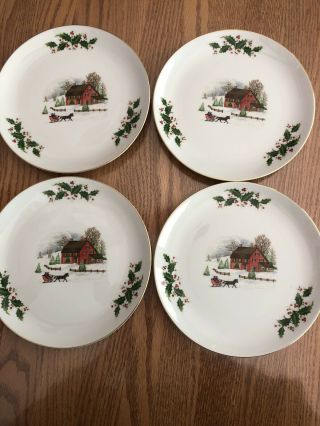 Set Of 4 Andrea By Sadek Porcelain Christmas Dessert Plates 8 " Snow Scene Holly
