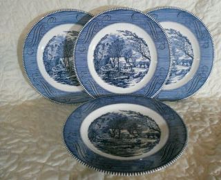 Set Of 4 Currier And Ives Old Grist Mill Blue Dinner Plates By Royal China 10”