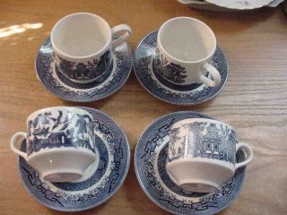 Set Of 4 Blue Willow Cups And Saucers,  By Churchill,  Made In England,  Blue