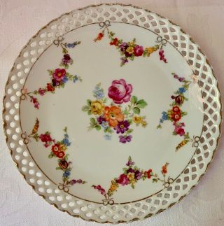 Schumann Germany Dresden Flowers 7.  5in Reticulated Cabinet Plate