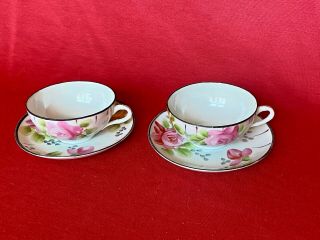 Vintage T E - Oh China Hand Painted Nippon Tea Cups,  Saucers C.  1891 - 1921