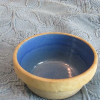Small Vintage Ideal Stoneware Bowl With Blue Glazed Interior,  4 1/2 Inch