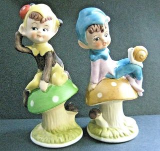2 Vtg Pixie Elves Sitting On Mushrooms Figurines With Snail & Ladybug