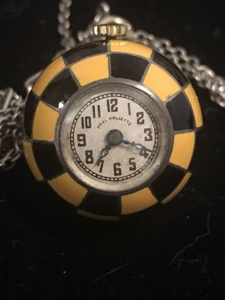 Paul Vallette Sterling Silver Checkered Yellow Black Enamel Ball Watch 15 Jewel