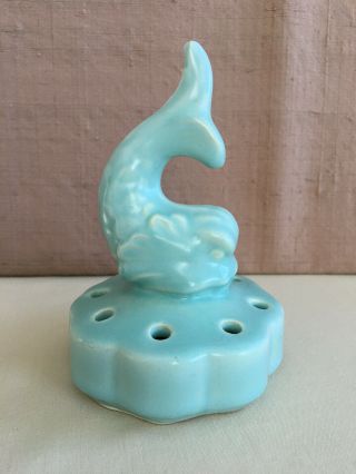Vintage Light Blue Dolphin Ceramic Flower Frog Pottery 8 Holes Ikebana