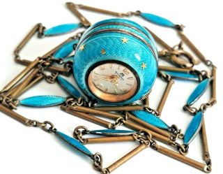 Antique Bucherer Swiss Blue Guilloche Enamel Pendant Watch Chain Sterling Silver