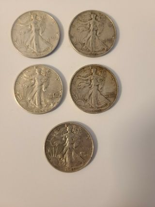 5 Walking Liberty Half Dollars - 1941,  1942 - D (2),  1943 (2).  Better Grades