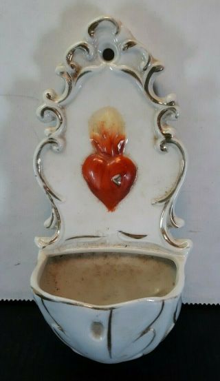 Antique 1920s German Porcelain Holy Water Font Bleeding Heart Catholic