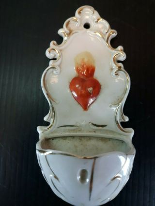 Antique 1920s German Porcelain Holy Water Font Bleeding Heart Catholic 2