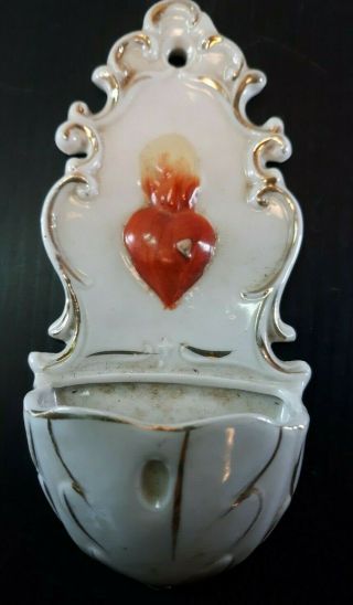 Antique 1920s German Porcelain Holy Water Font Bleeding Heart Catholic 3
