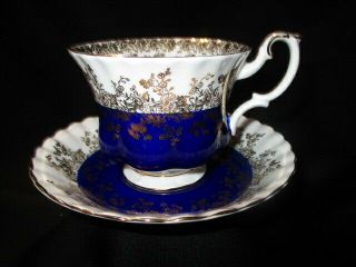 Cup Saucer Royal Albert Regal Royal Or Cobalt Blue Gold Floral Lace