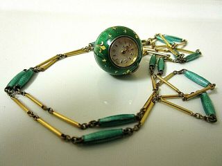 Vintage Bucherer Sterling & Guilloche Enamel Ball Watch With Chain,  17j Runs