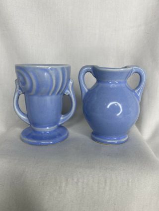 2 Shawnee Usa Pottery Blue Mini Miniature Double Handled Vase Figurines