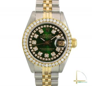 Rolex Lady Datejust 69173 18ky/ss Green Diamond Dial&bezel Jubilee Watch 1.  40ctw