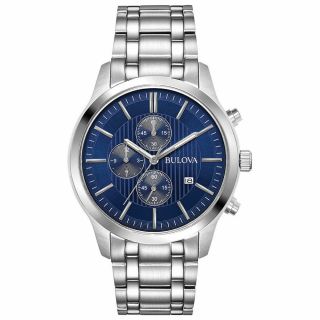 Bulova 96b306 Quartz Chronograph Blue Dial Silver - Tone Bracelet Watch