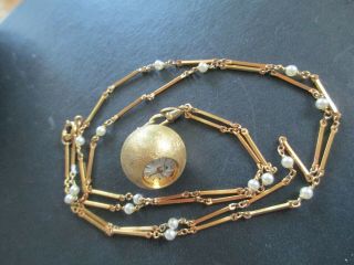 Vintage Swiss Made Gold Tone Bucherer Ball Pendant Watch & Chain