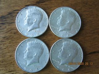 4 Kennedy Half Dollars 1964,  90 Silver Coins,  All 1964.  P.  D.