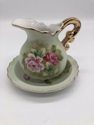 Lefton Miniature Pitcher & Bowl Set Heritage Green Pink Roses Hand Painted 4577