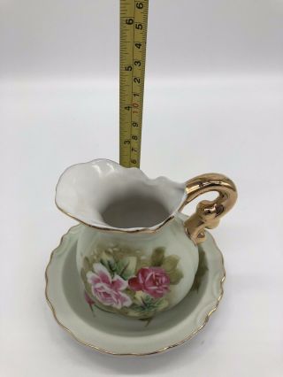 Lefton Miniature Pitcher & Bowl Set Heritage Green Pink Roses Hand Painted 4577 2