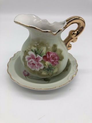 Lefton Miniature Pitcher & Bowl Set Heritage Green Pink Roses Hand Painted 4577 3