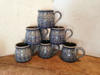 1992 Beaumont Brothers Pottery Set Of 6 Blue Spongeware Cups Mugs Salt Glaze