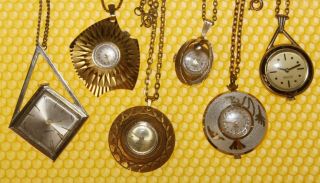 [lot Of 6] Vintage Mechanical Hand - Wind Pendant/necklace Watch Swiss Made Vgu