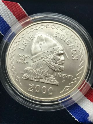 2000 Leif Ericson Us Commemorative Bu 90 Silver Dollar Coin Box No