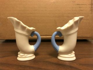 Lenox Vases.  Cornucopia Horn Of Plenty.  Set Of 2.  Vintage Ivory & Blue.  4 3/4 "