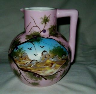 R S Prussia (es Depon) Pink W/ Scene Ball Shape Jug - For Burley & Tyrell