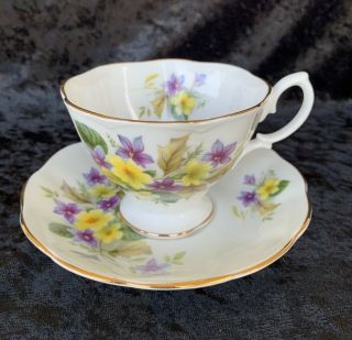 Vintage Royal Albert Bone China Purple Yellow Floral Tea Cup & Saucer Gold Trim