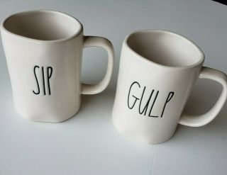 Rae Dunn Sip Gulp Oversized White Ceramic Coffee Tea Mugs Set Of 2