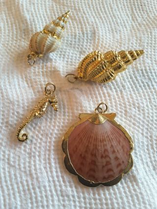 Sea Shells,  Clam Shell,  Sea Horse,  4 Charms,  Gold Filled,  Collectible Charms