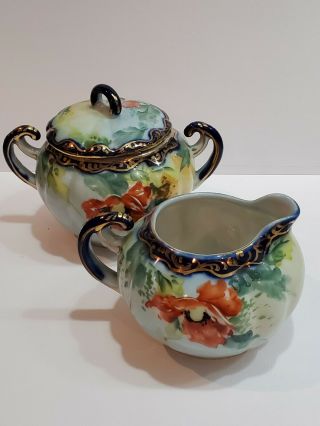 Antique Hand Painted Porcelain Sugar And Creamer Set Handpainted Japan I & E.