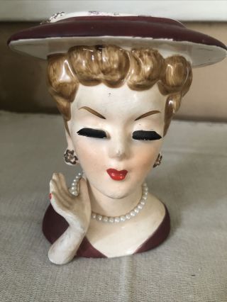 Vintage Lady Head Vase Closed Eyes Red Lips Pearl Necklace Eyelash