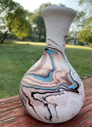 6 " Nemadji Pottery Vase In Swirl Of Blue,  Coral,  Black