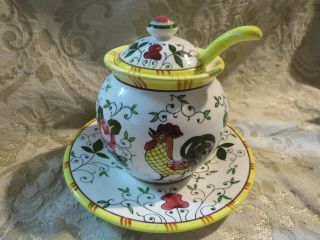 Vintage Rooster & Roses Early Provincial Jam Jelly Sugar Jar W/lid Japan &spoon