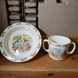 Royal Doulton Bunnykins Double Handle Cup Mug With Bowl Child Dish Set
