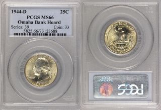 1944 - D Pcgs Ms66 Omaha Bank Hoard Silver Washington Quarter Coin