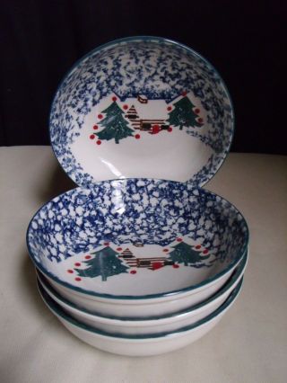 Folk Craft Tienshan Cabin In The Snow Christmas Sponge Pottery 4 Cereal Bowls A
