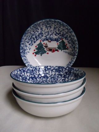 Folk Craft Tienshan Cabin In The Snow Christmas Sponge Pottery 4 Cereal Bowls A 2