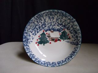 Folk Craft Tienshan Cabin In The Snow Christmas Sponge Pottery 4 Cereal Bowls A 3