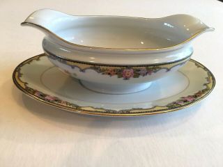 Antique Noritake Japan Oxford Gravy Boat With Attached Plate Gilt Trim China